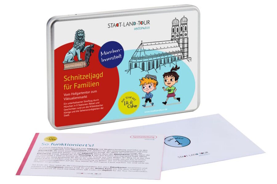 Munich: Self-guided sightseeing scavenger hunt for families - What you actually get in the StadtLandTour metal box